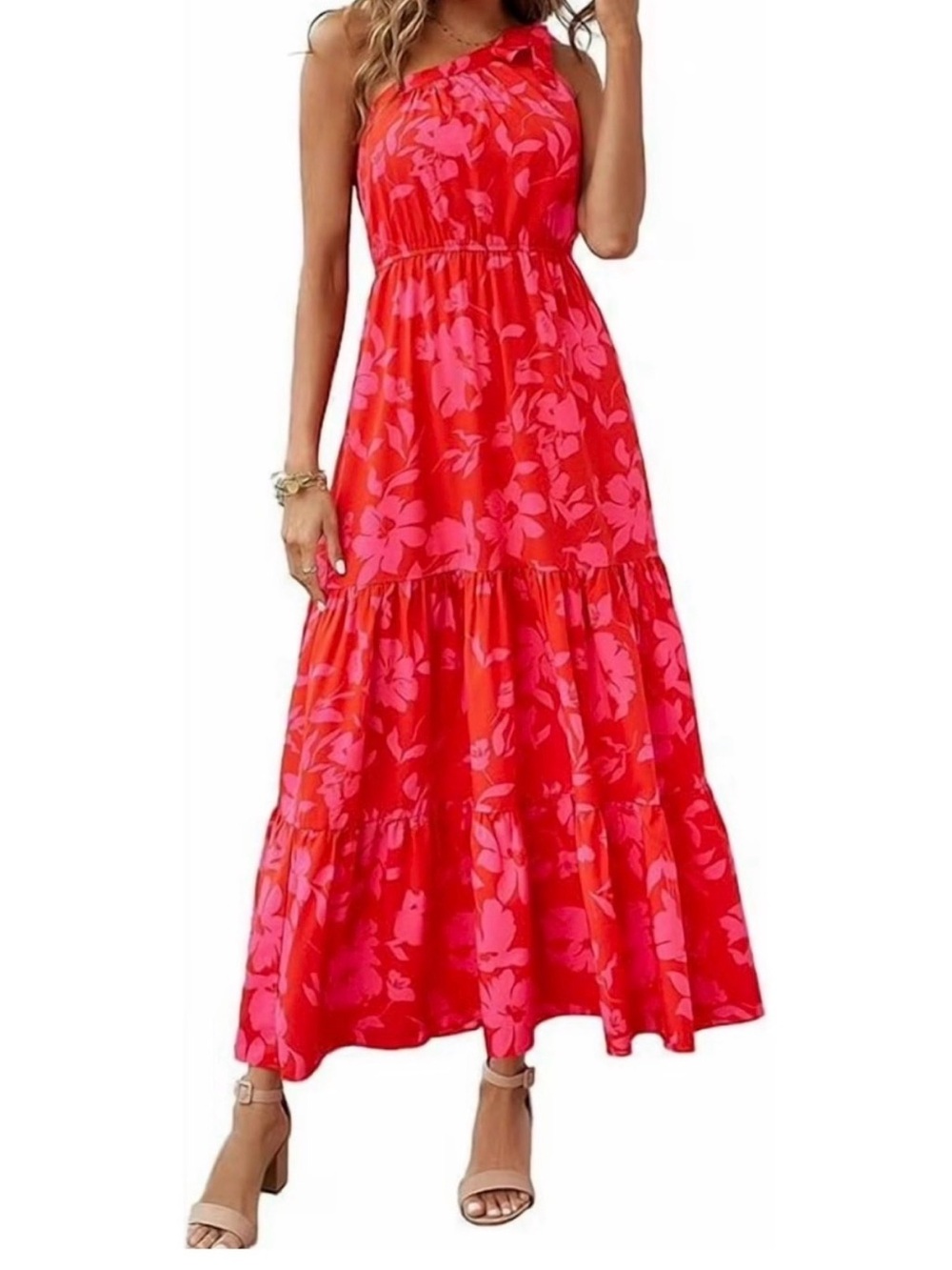 Women’s One-Shoulder Red Floral Maxi Dress